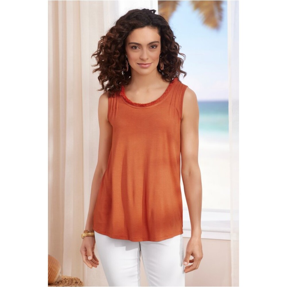 NWT Soft Surroundings Sofia Orange Fringed Scoop Neck Tank Top sz S